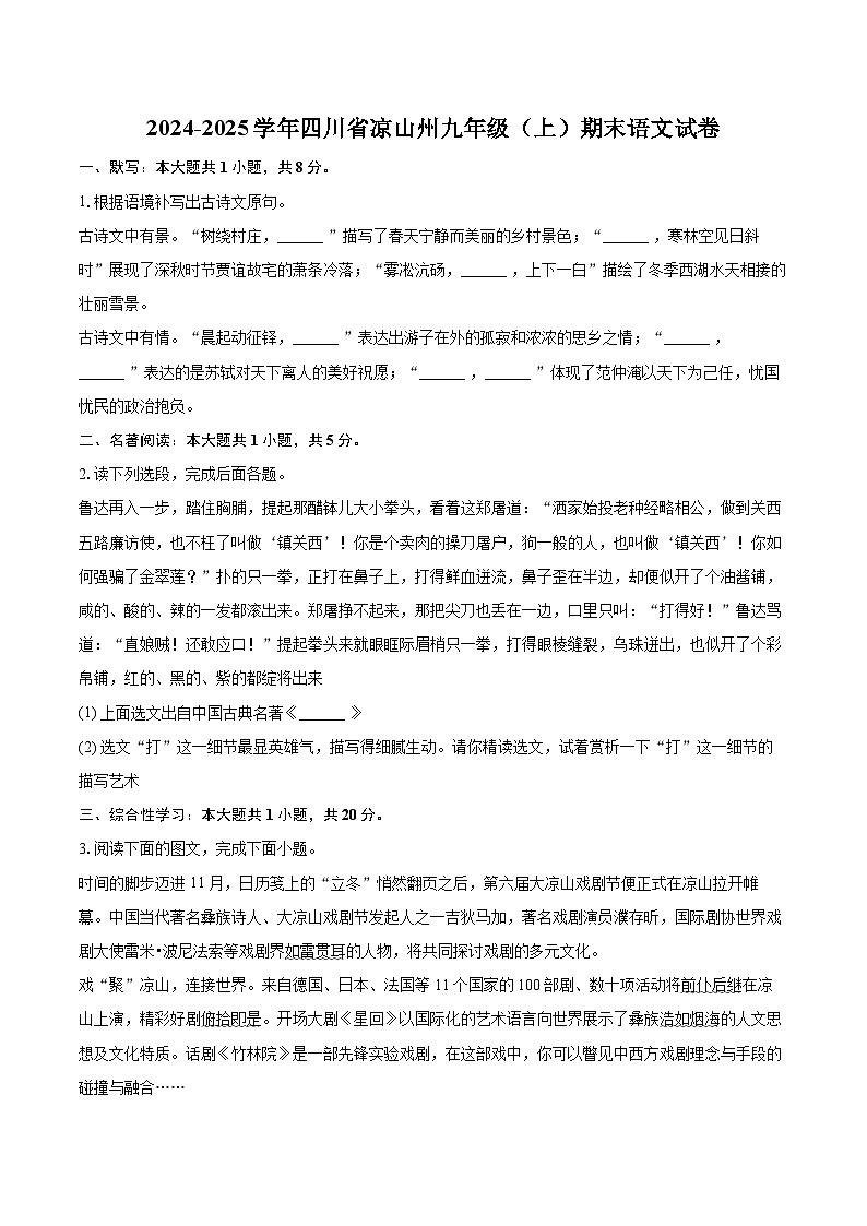 2024-2025学年四川省凉山州九年级(上)期末语文试卷-自定义类型第1页