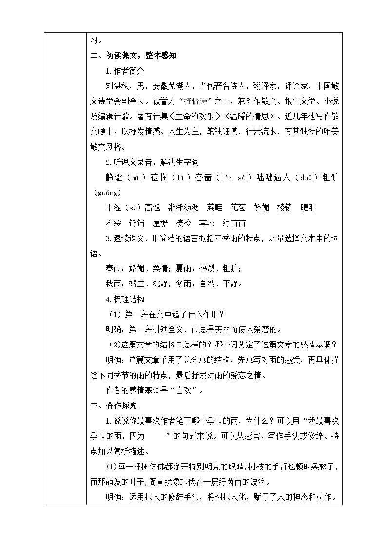 人教部编版初中语文七年级上册(2024)3 雨的四季 教学设计第2页