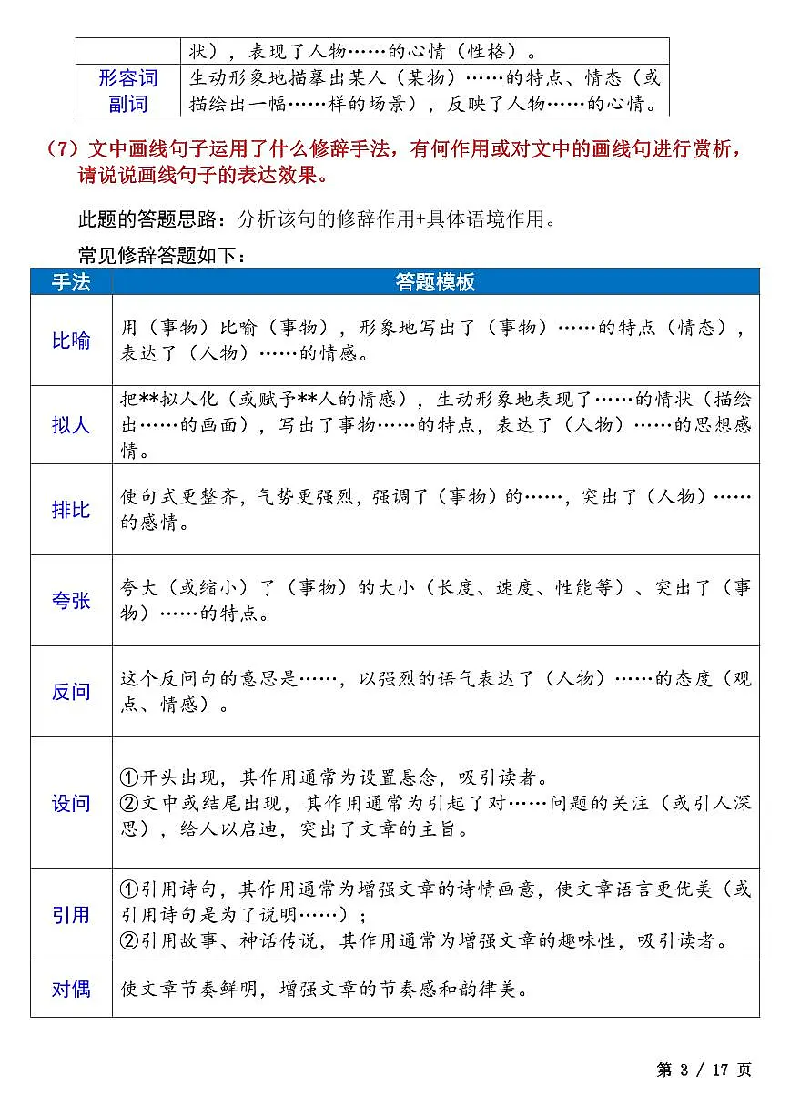 初中语文七年级上册语文期末考试重点题型答题技巧汇总知识点第3页