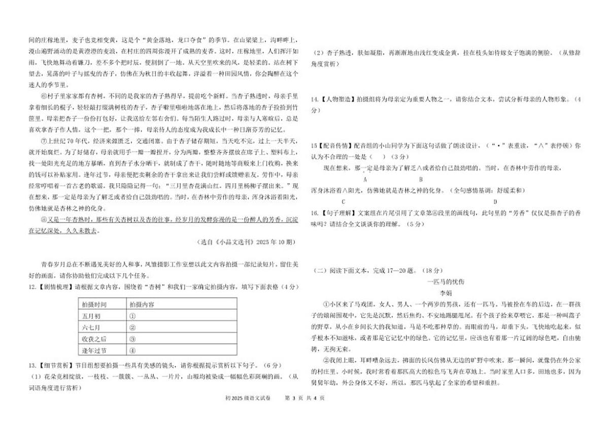 2025-2026学年重庆市凤鸣山中学七年级上学期12月段性消化作业(二)语文试卷(有答案)第3页