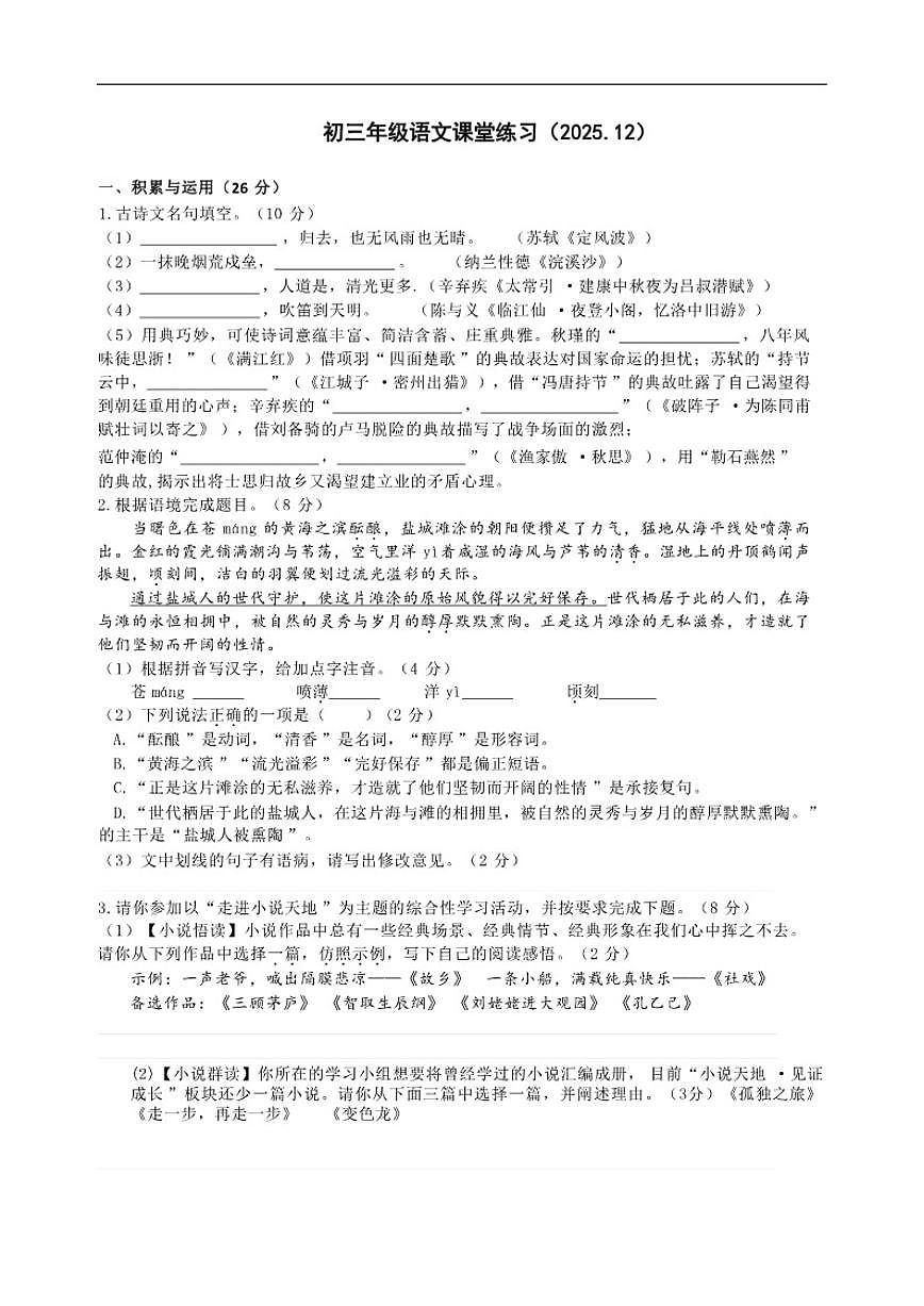 2025-2026学年江苏省盐城市亭湖区康居路集团校联考九年级上学期12月月考语文试题(有答案)第1页