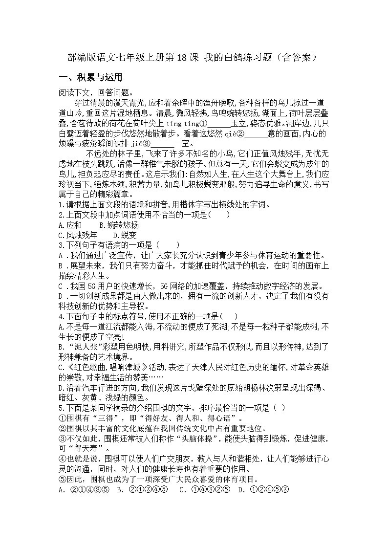 部编版语文七年级上册第18课 我的白鸽练习题(含答案)第1页