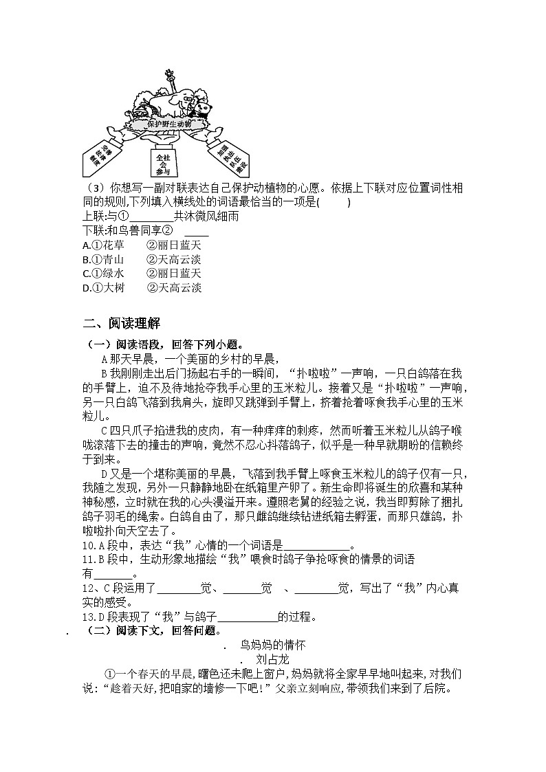 部编版语文七年级上册第18课 我的白鸽练习题(含答案)第3页