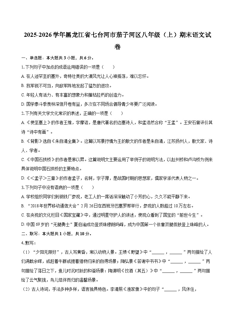 2025-2026学年黑龙江省七台河市茄子河区八年级(上)期末语文试卷-自定义类型第1页