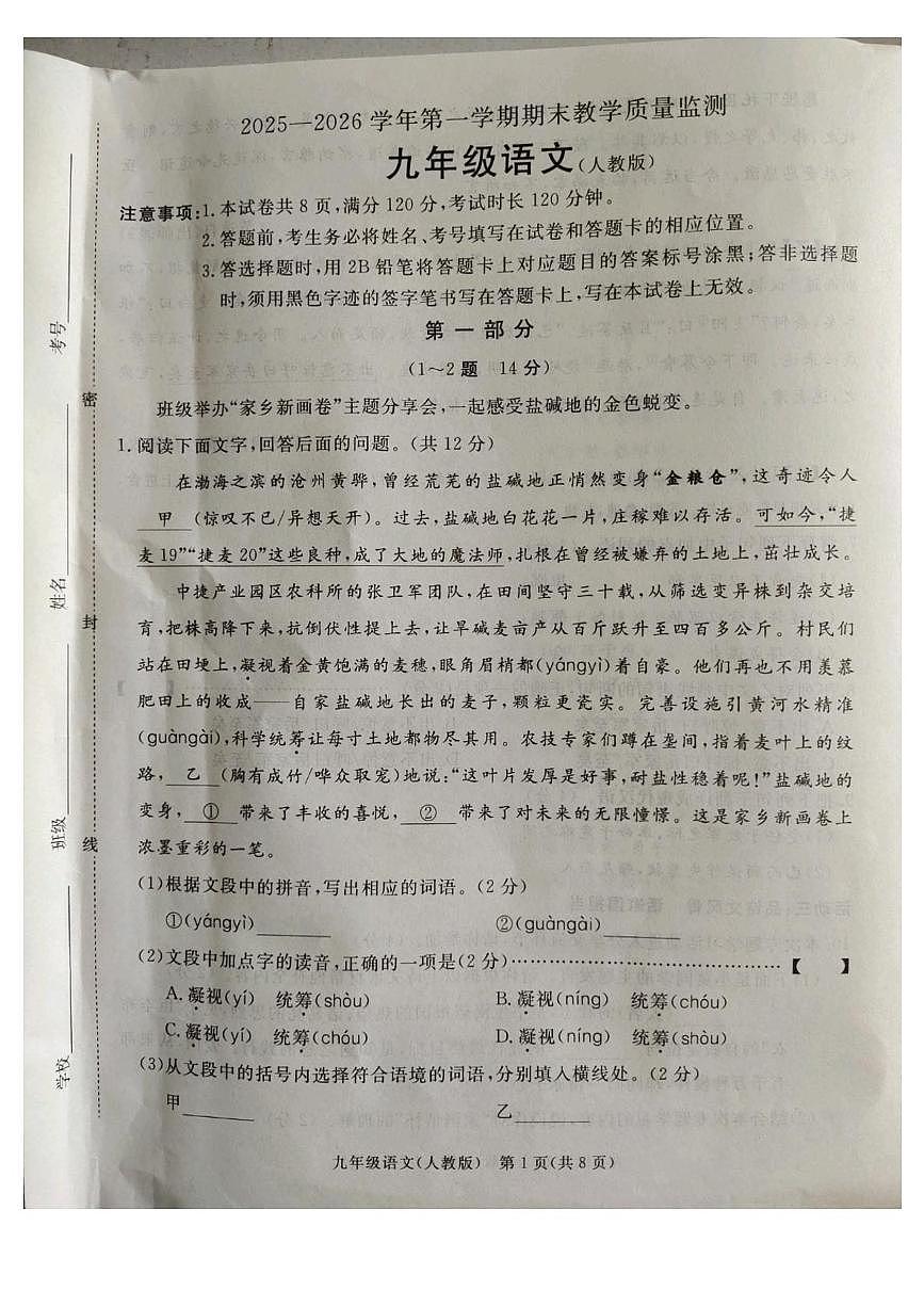 河北省廊坊市霸州市2025-2026学年九年级上学期1月期末考试语文试题第1页