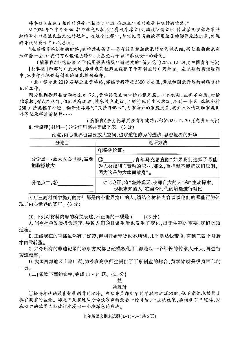 陕西省渭南市临渭区2025-2026学年九年级上学期期末考试语文试卷第3页