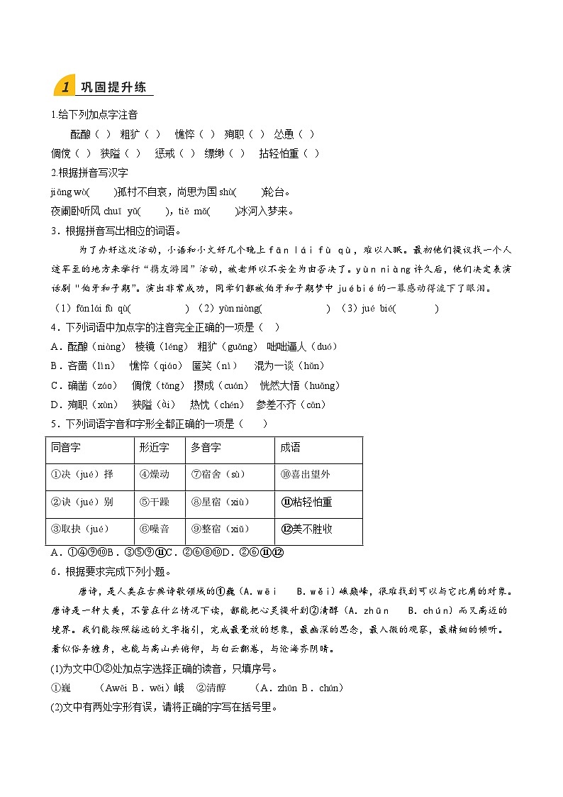 寒假作业01 字词专题训练(巩固培优)(原卷版)第3页