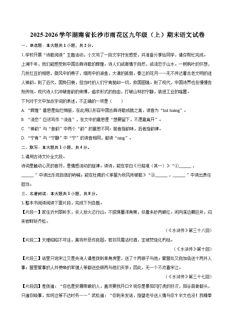 2025-2026学年湖南省长沙市雨花区九年级(上)期末语文试卷-自定义类型第1页