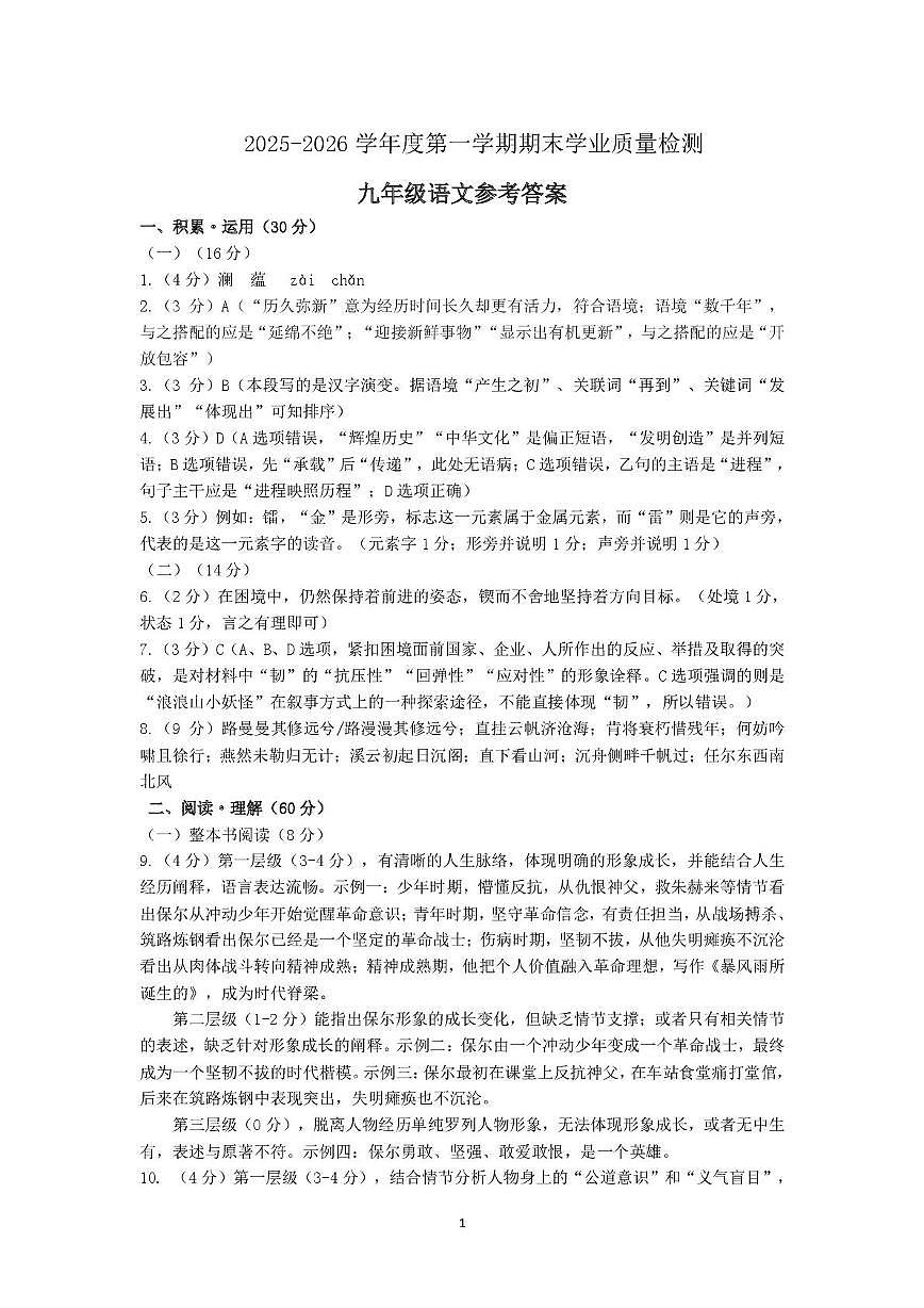九年级语文答案第1页