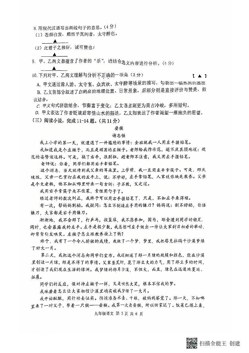 江苏常州市新北区龙城初中学2025—2026学年九年级第一学期期末考试语文试题(无答案)第3页