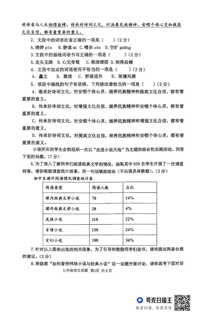 山东省临沂市沂南县2025-2026学年上学期期末考试九年级语文试题第2页