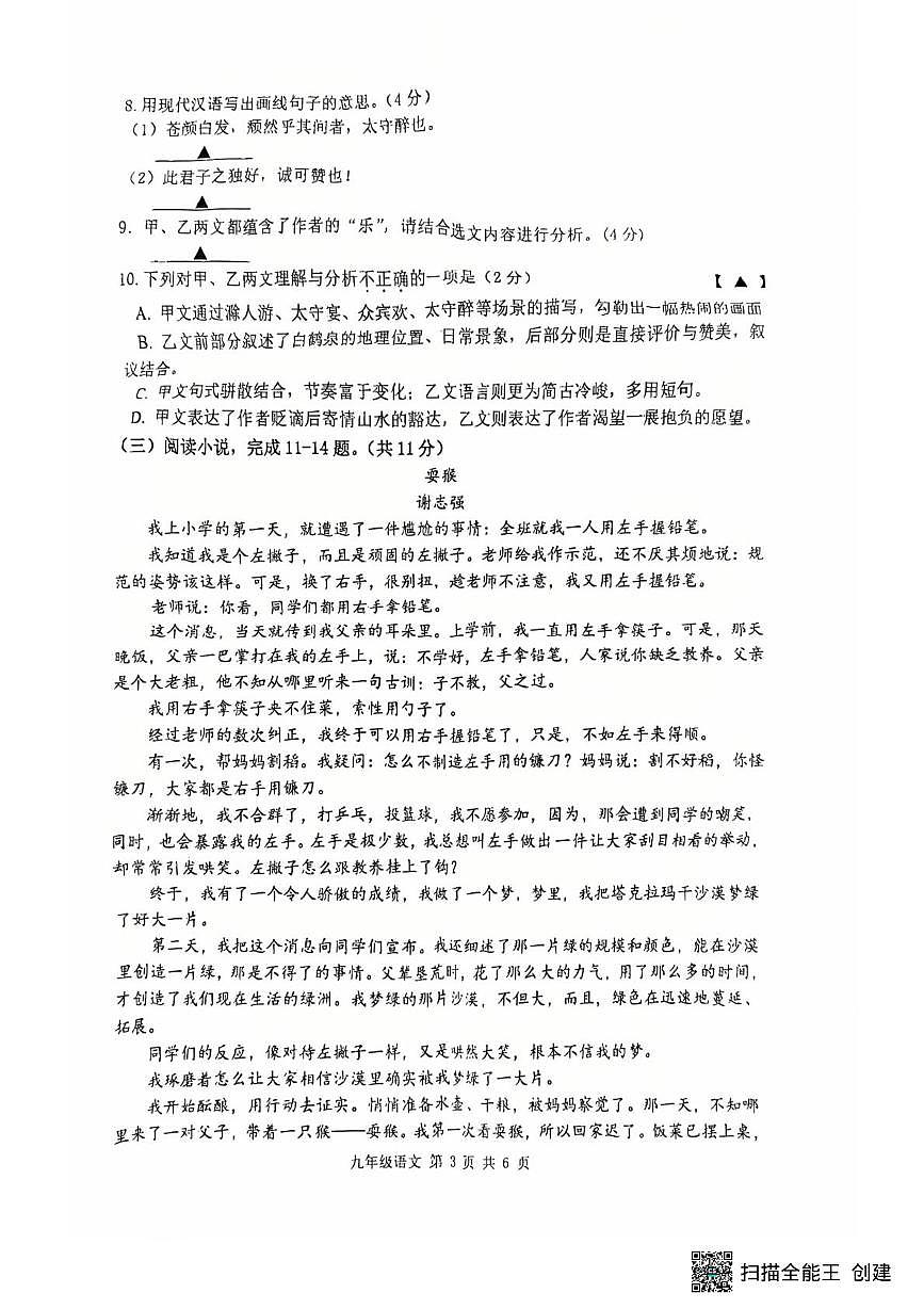 江苏常州市新北区龙城初中学2025—2026学年九年级第一学期期末考试语文试题第3页