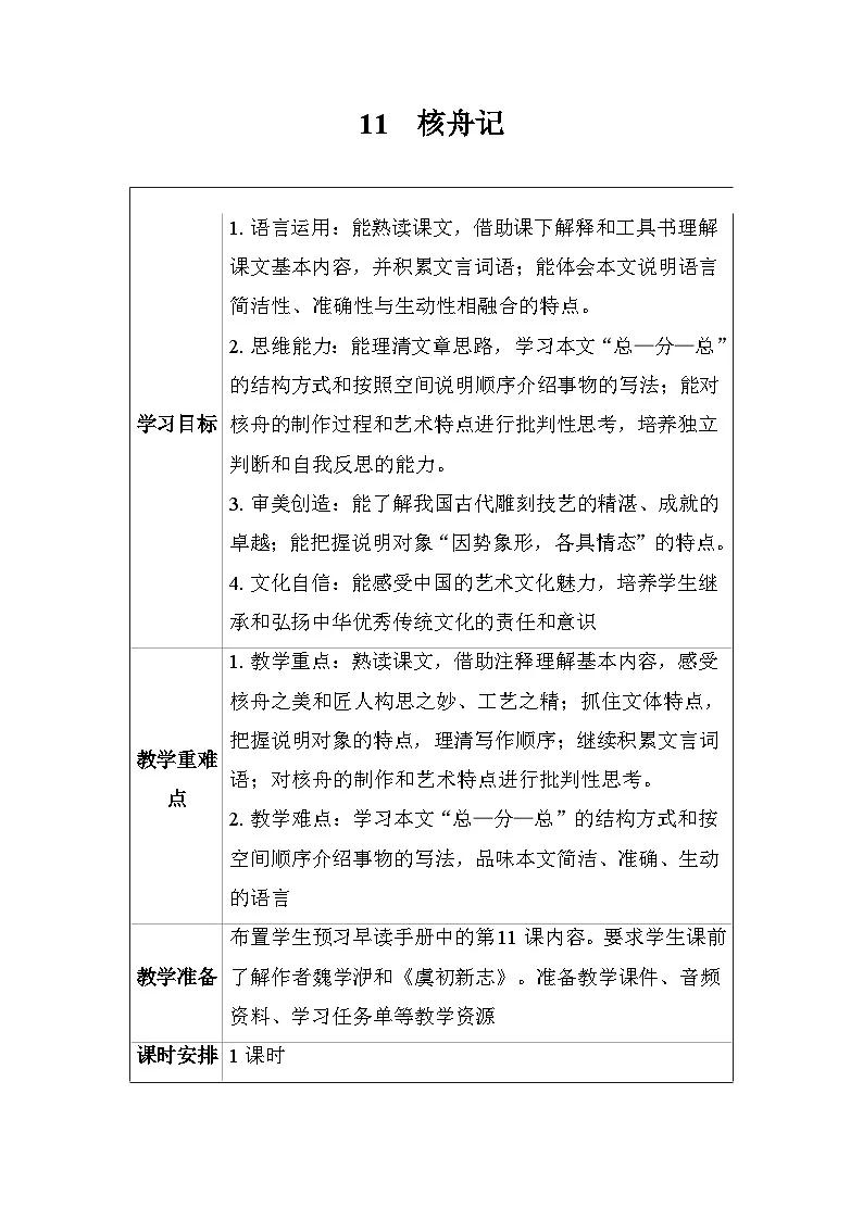 11核舟记 教学设计2025-2026学年度统编版语文八年级下册第1页