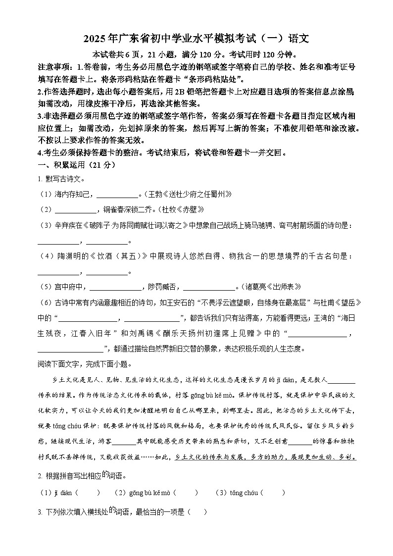 2025年广东省阳江市阳西县中考一模语文试题(原卷版)-A4第1页