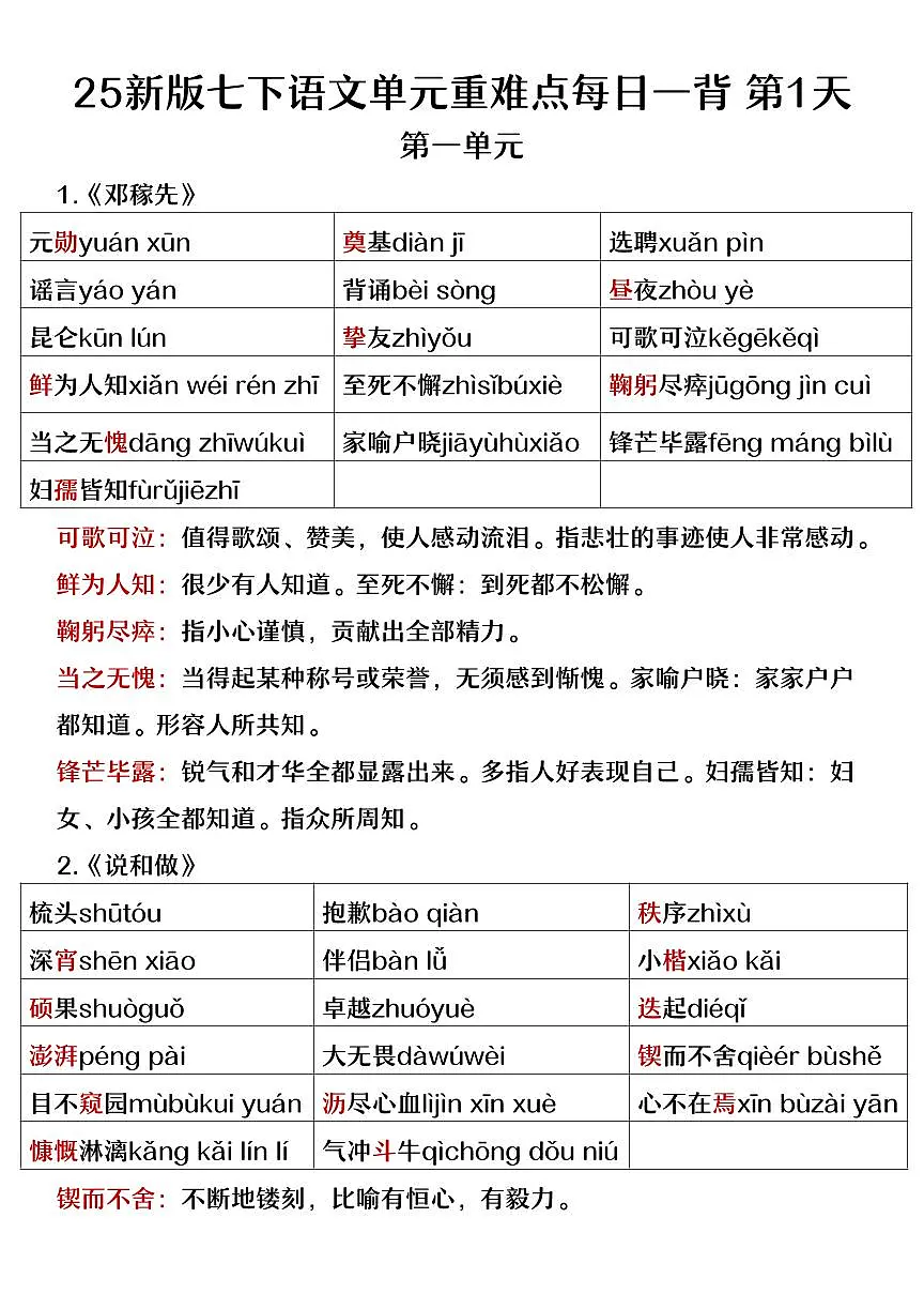 2024版人教版七年级下册语文期末重难点知识点每日一背(1-2单元)第2页