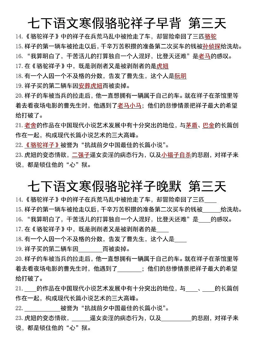 2024版人教版七年级下册语文寒假骆驼祥子知识点早背晚默十三天专训第3页