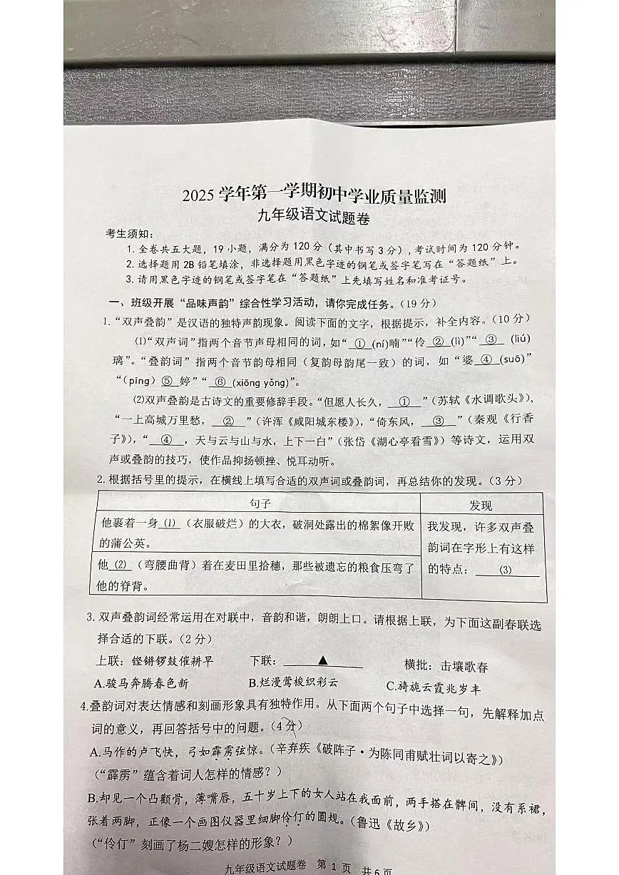 浙江丽水市青田县2025-2026学九年级上学期期末阶段性学业测试语文试题_(无答案_)第1页
