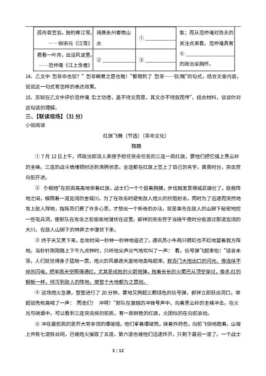 2024-2025学年浙江省温州市瑞安市安阳实验中学九年级下学期语文开学考试试卷(含答案)第3页