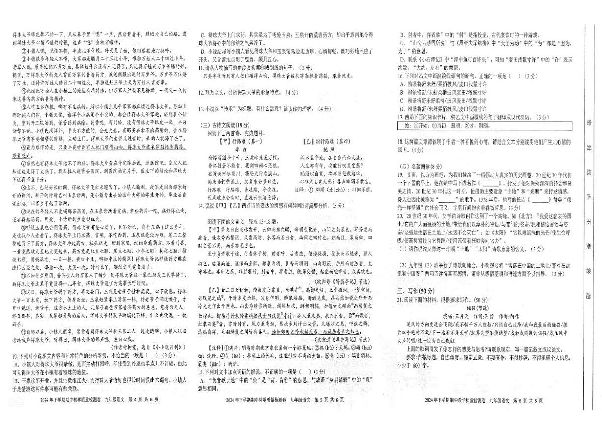 2024年下学期九年级语文上册期中教学质量检测卷(含答案)第2页