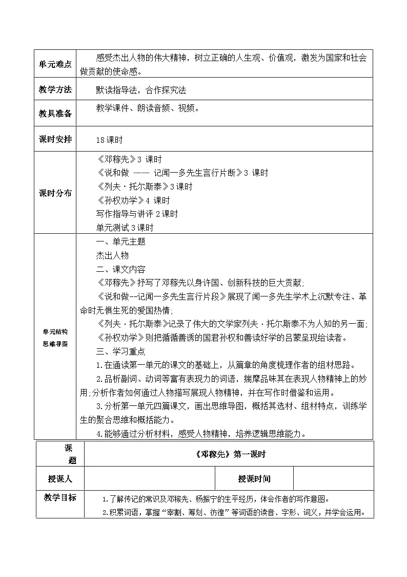 统编版(2024)七年级下册语文第一单元整体教学设计(共18课时)第2页