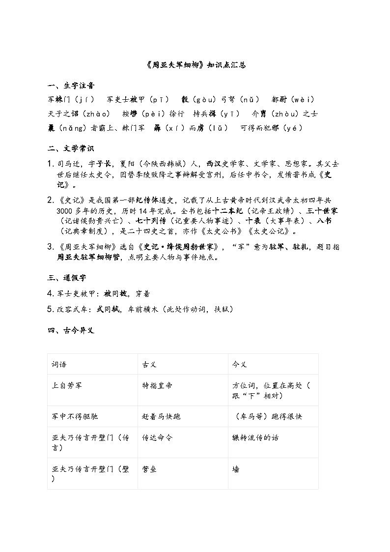 第25课《周亚夫军细柳》知识点梳理及练习 (含答案)统编版语文八年级上册第1页