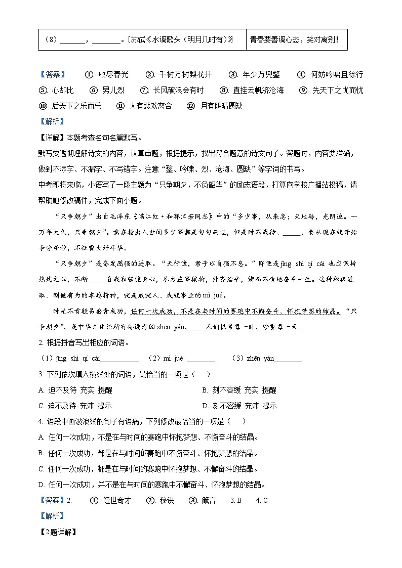 广东省东莞市八大民办学校联考九年级上学期期末语文试题(解析版)-A4第2页