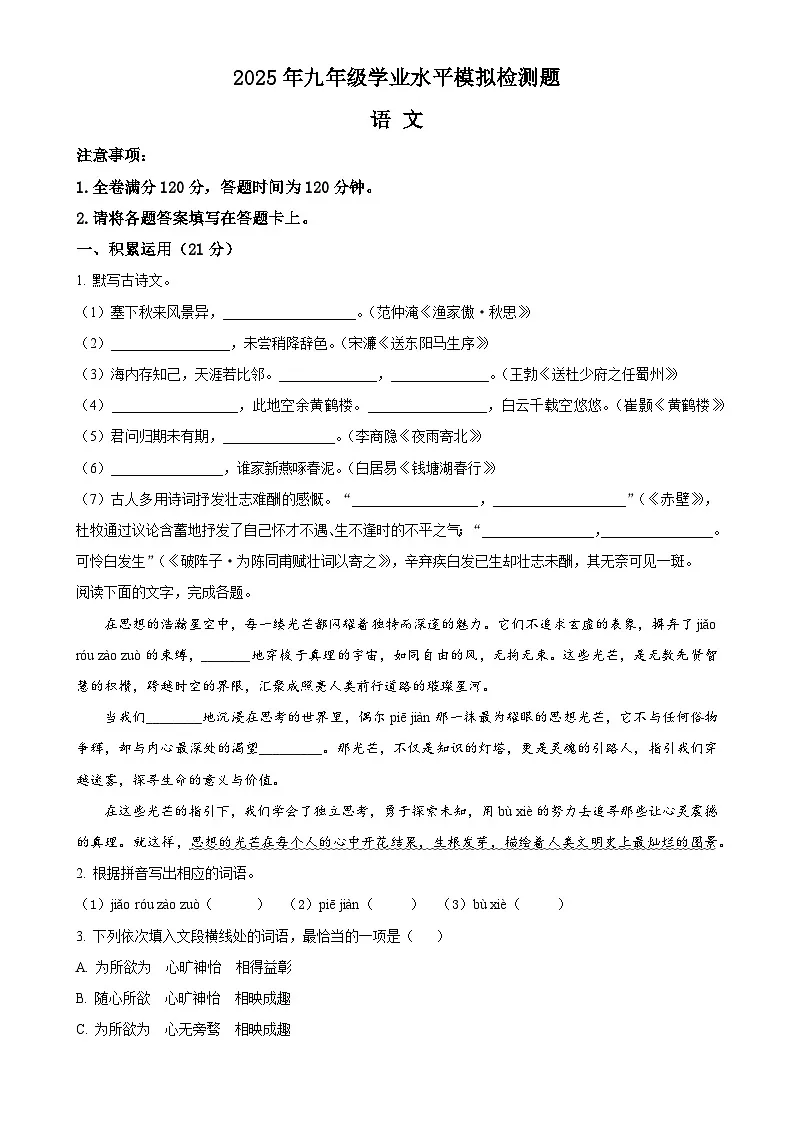 2025年广东省韶关市翁源县中考一模语文试题(原卷版)-A4第1页