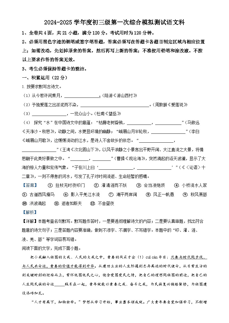 2025年广东省茂名市茂南区部分学校中考一模语文试题(解析版)-A4第1页