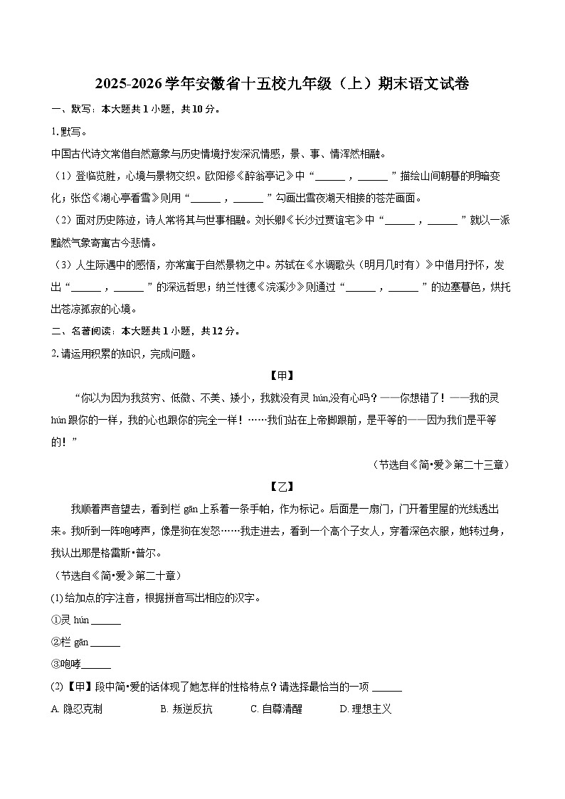 2025-2026学年安徽省十五校九年级(上)期末语文试卷-自定义类型第1页