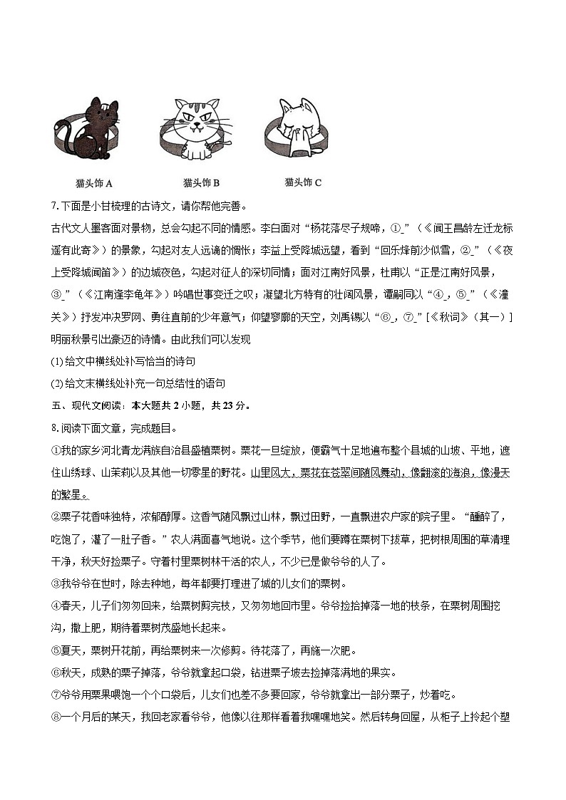 2025-2026学年甘肃省酒泉市敦煌二中七年级(上)期末语文试卷-自定义类型第3页