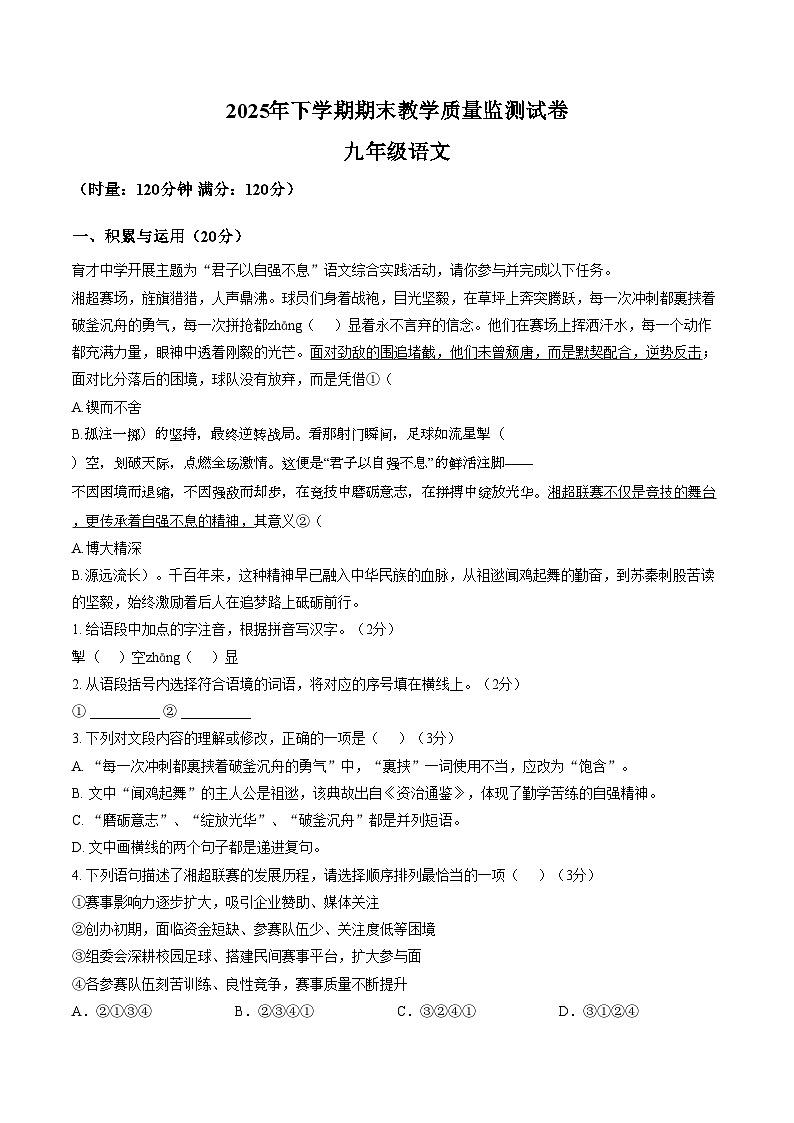 湖南郴州市苏仙区2025年下学期期末教学质量监测九年级语文试卷(文字版,含答案)第1页