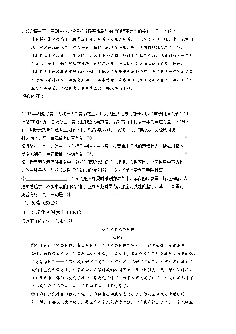 湖南郴州市苏仙区2025年下学期期末教学质量监测九年级语文试卷(文字版,含答案)第2页