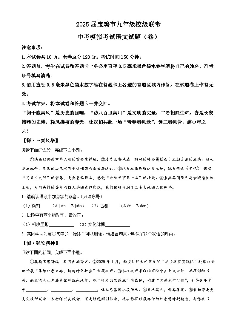 2025年陕西省宝鸡市十校联考中考模拟语文试题(原卷版)第1页