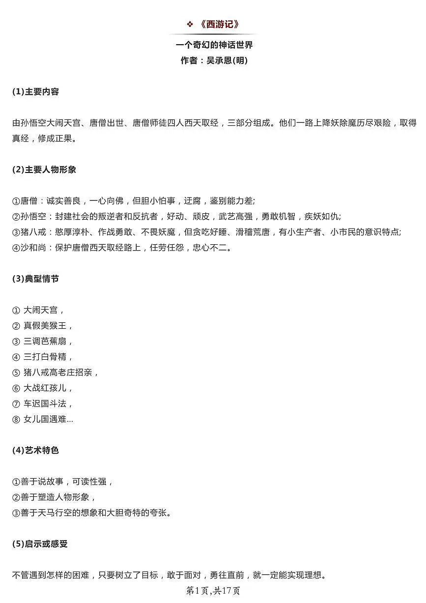 中考第一轮复习语文20本名著导读精华内容知识点第1页