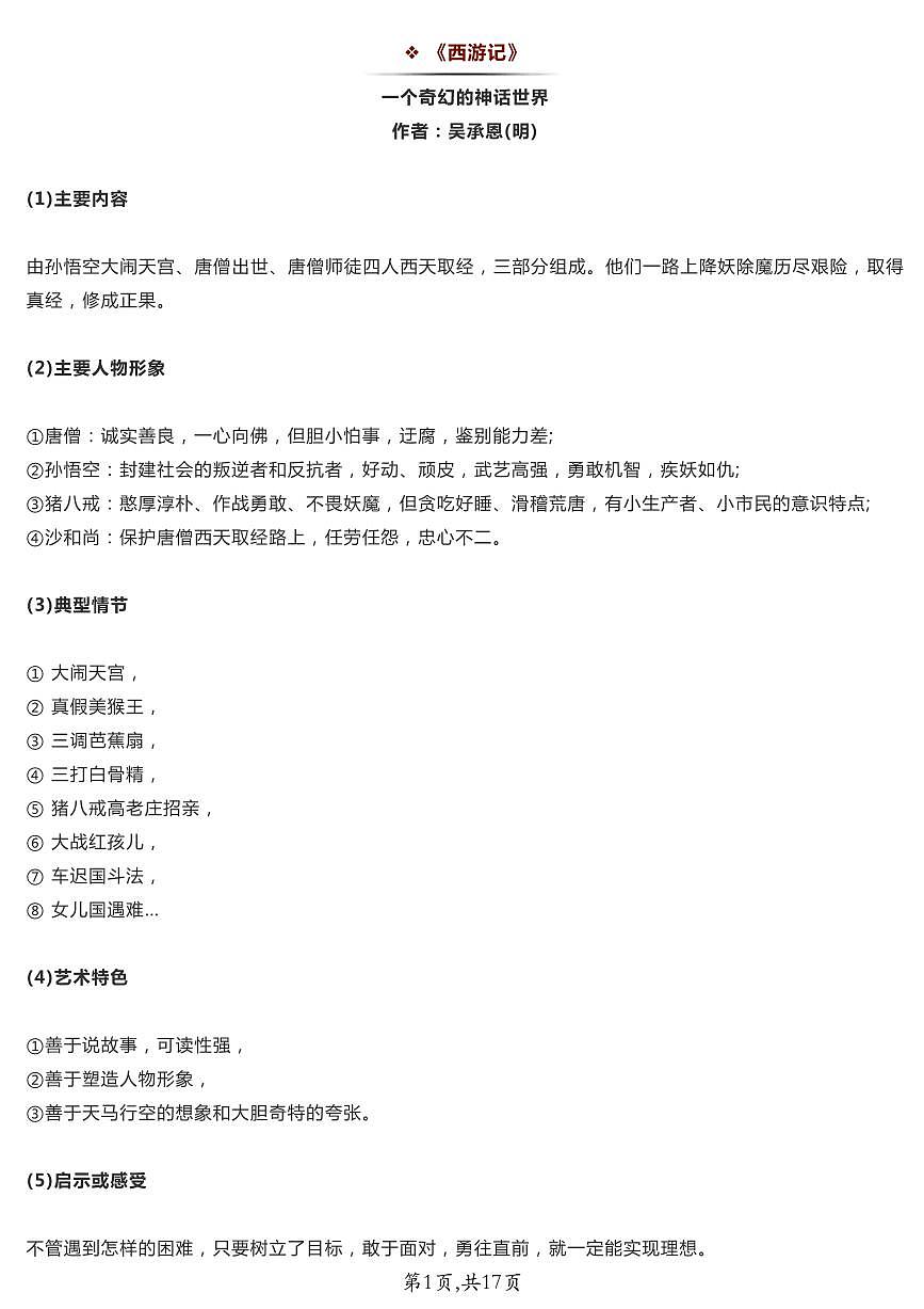 中考第一轮复习语文20本名著导读精华内容知识点第1页