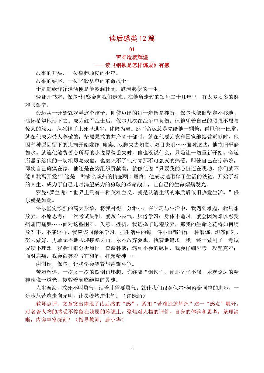 中考第一轮复习语文高分作文读后感类范文12篇知识点第1页