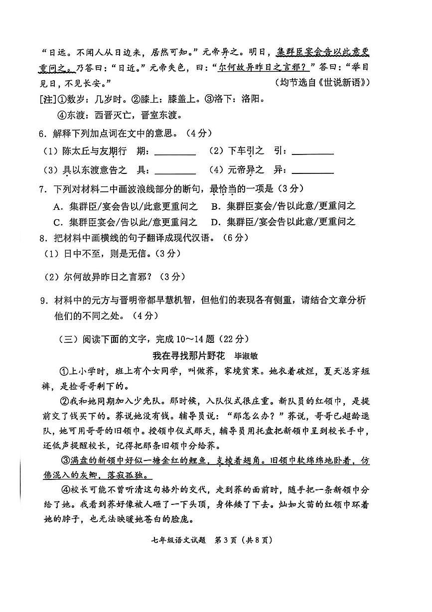 福建省泉州市泉港区2025-2026学年七年级上学期1月期末考试 语文试卷第3页