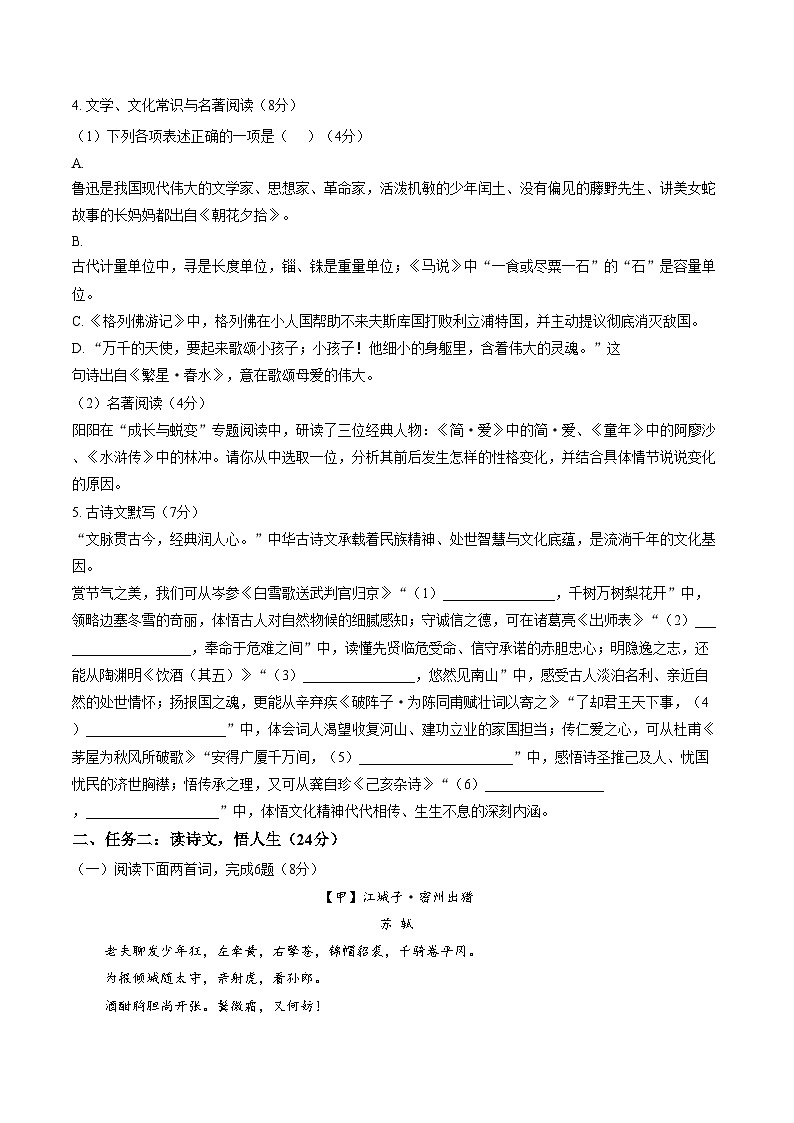 辽宁省沈阳市一二六中学和平湾校区2025_2026学年下学期九年级语文开学收心自测(文字版,含答案)第2页