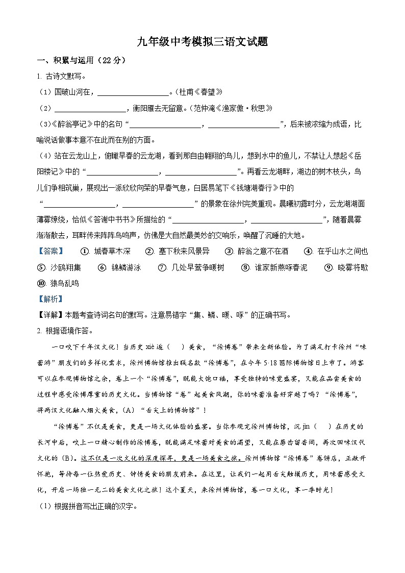 精品解析:2025年江苏省徐州市沛县五中联盟学区中考模拟语文试题(解析版)第1页