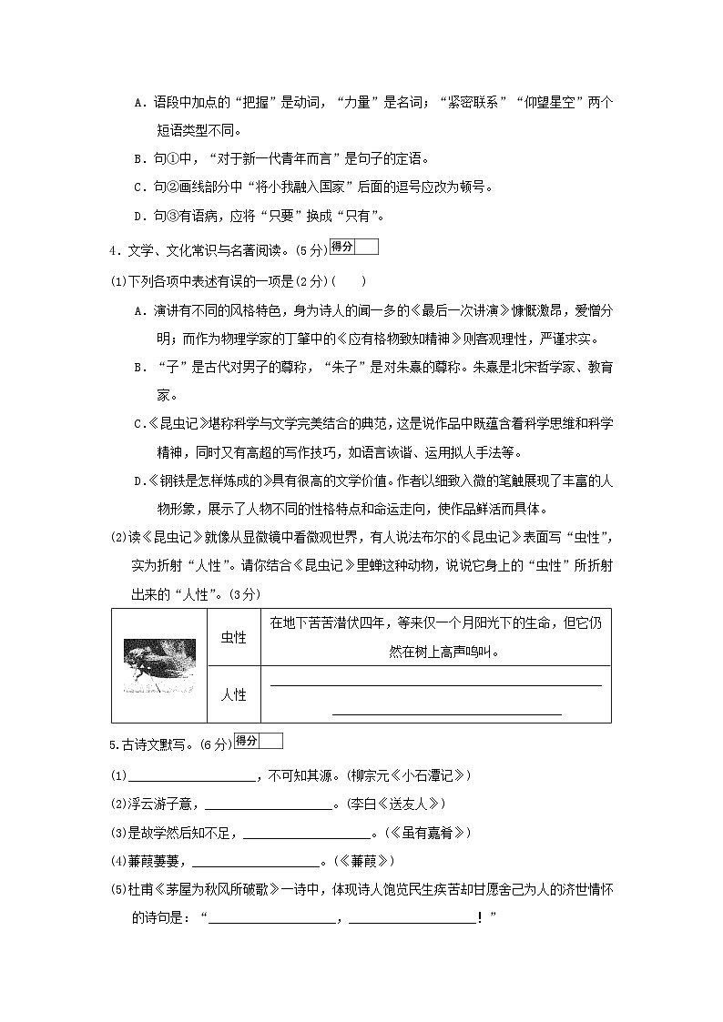 辽宁省2026人教部编版八年级语文下册第四单元学情评估试卷(含答案)第2页