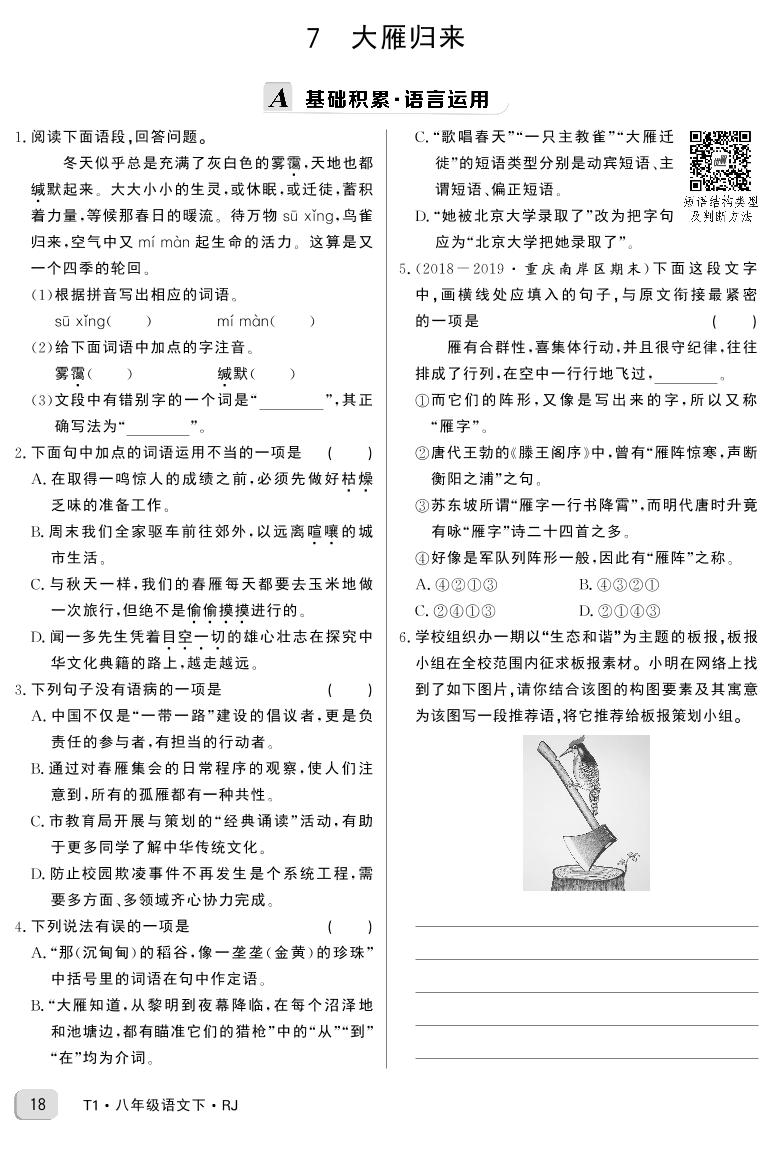 初中语文人教部编版八年级下册7*大雁归来学案