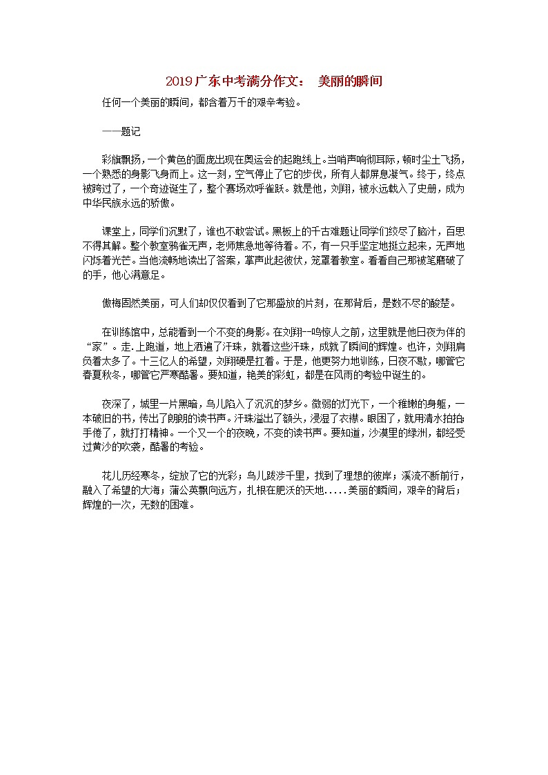 广东省2019中考语文满分作文美丽的瞬间第1页