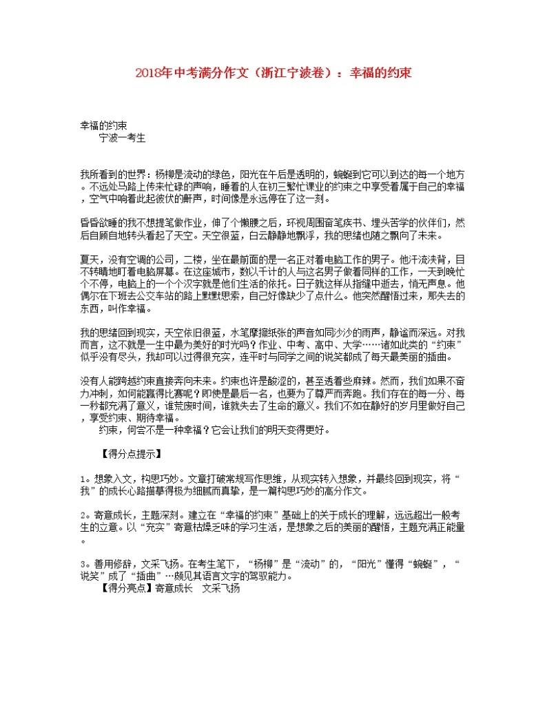 2018年中考语文满分作文（浙江省宁波卷）幸福的约束01