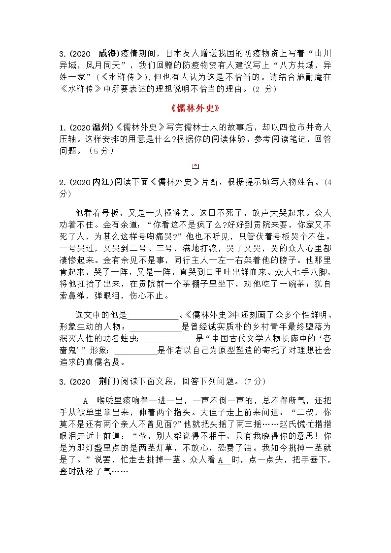 2020年九年级文学名著《艾青诗选》《水浒》《儒林外史》中考真题（含答案）02