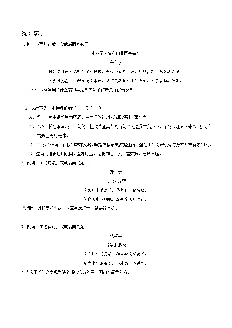 2021初中语文中考复习专题-鉴赏诗歌的表达技巧（试卷）03