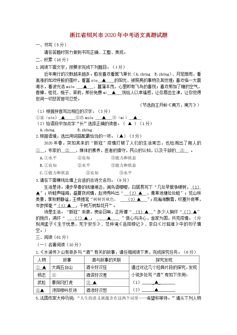 浙江省绍兴市2020年中考语文真题试题01