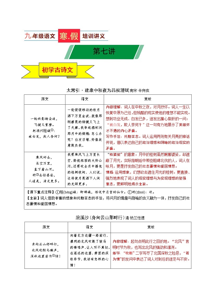 第07讲 新知+综合训练题+现代文阅读+文言古诗练2020-2021学年寒假九年级语文下辅导讲义（全国通用）01