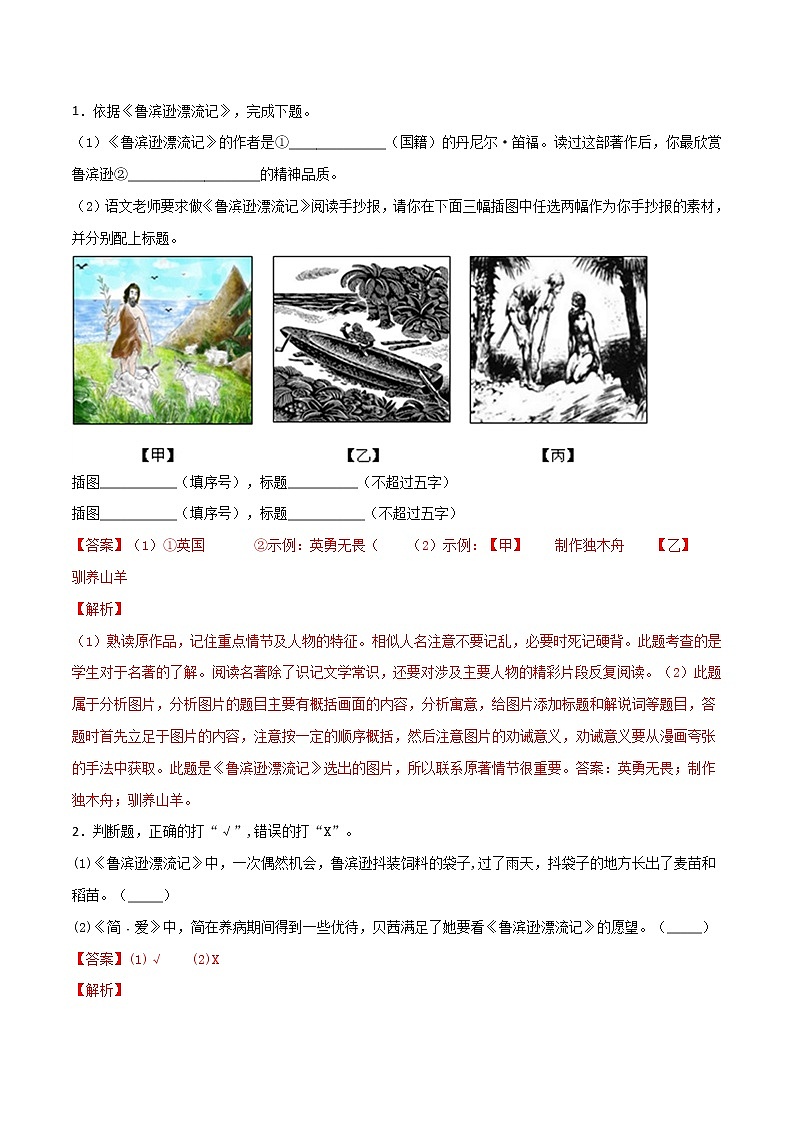 2021年中考语文名著导读专练15 新课标《鲁滨逊漂流记》(通用版)03