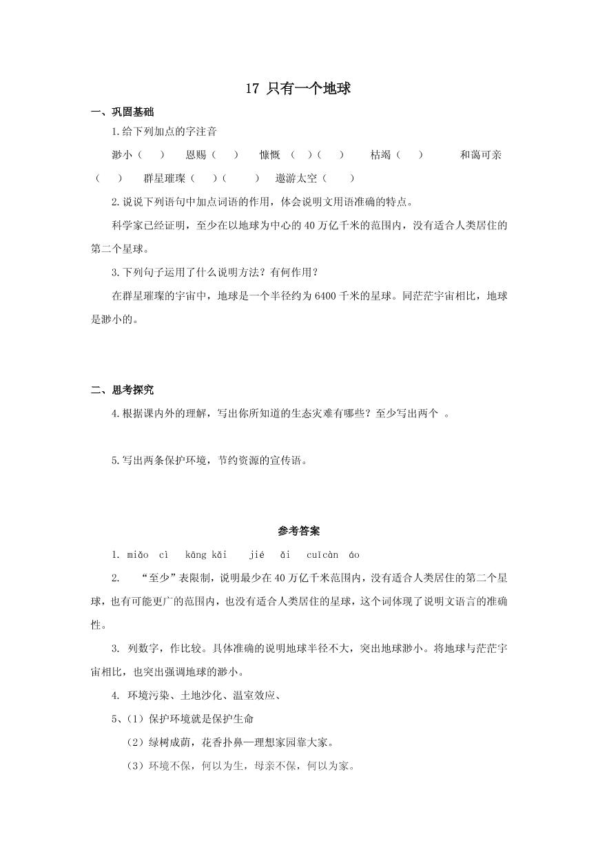 初中语文人教部编版 (五四制)六年级下册(2018)17 只有一个地球学案设计