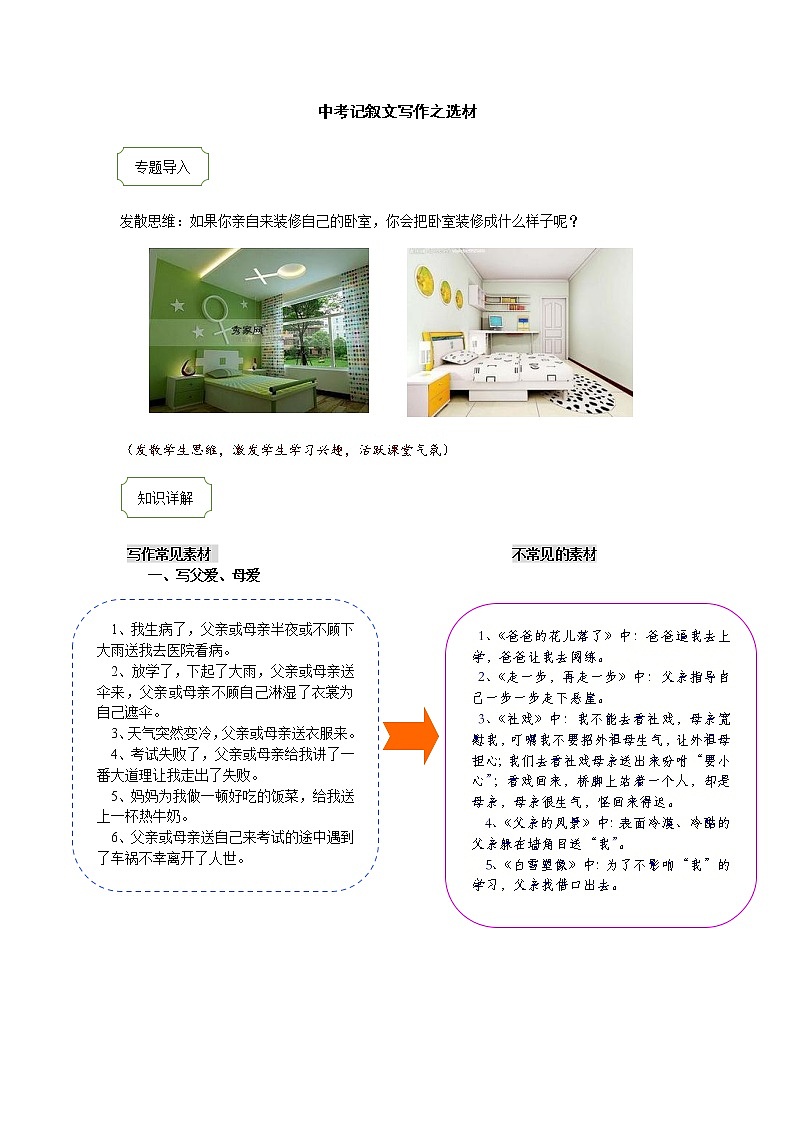 2021年中考语文热点专题记叙文写作之选材 教学案(知识点详解+训练)01